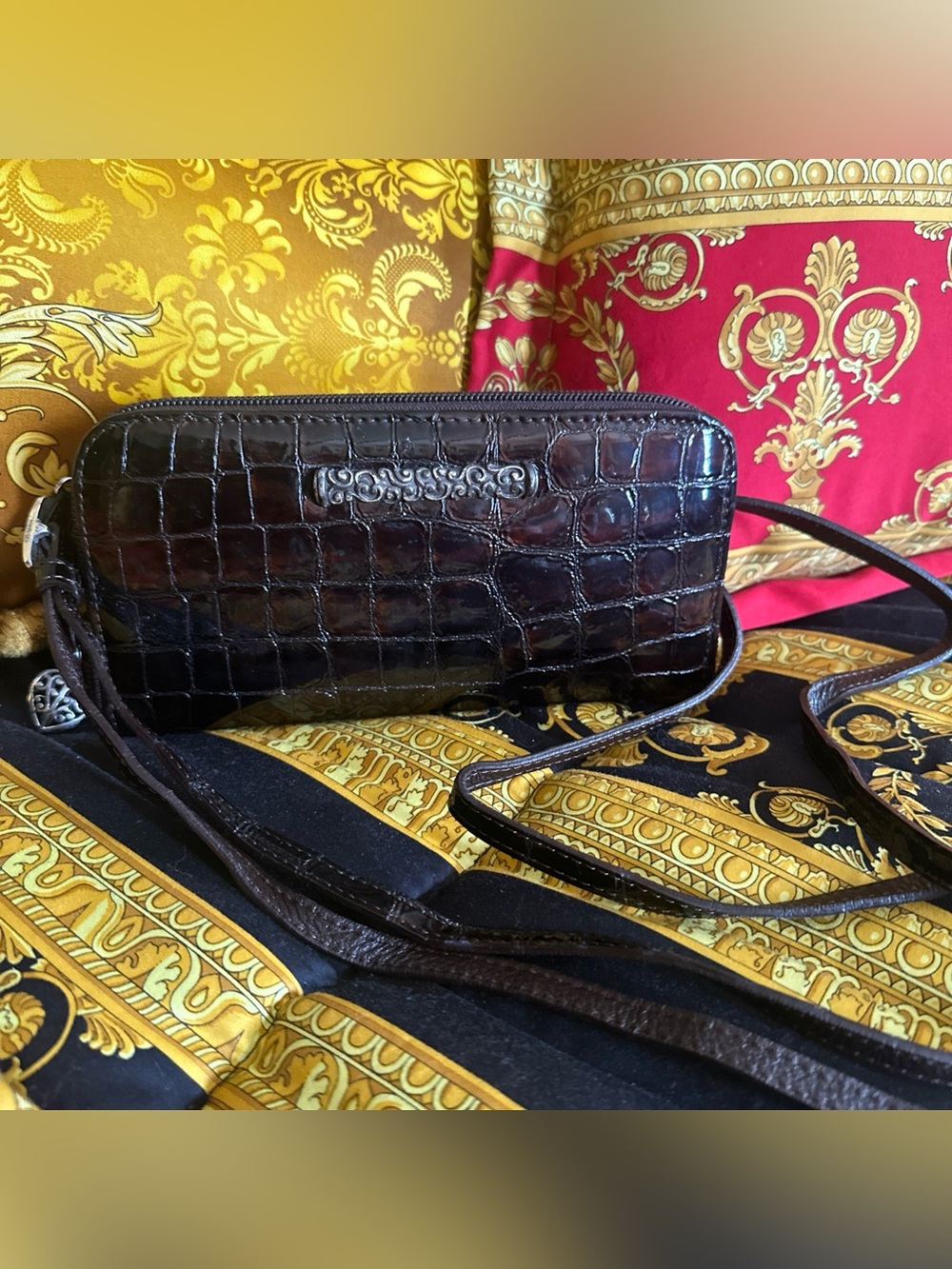 Vintage Brighton Croc-Embossed Patent Leather Wallet Crossbody